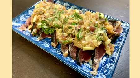 鰹となめ茸の梅しそソース和え