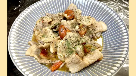 バルサミコ酢を使った豚バラ肉のガーリック炒め