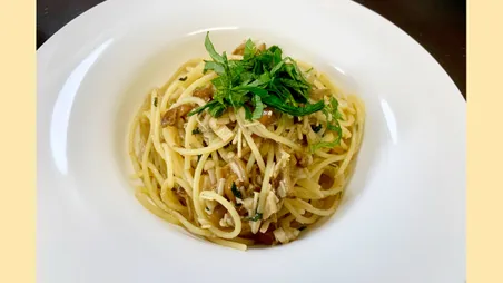 キノコと大葉のガーリックパスタ