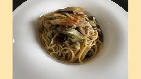 茄子の薬味たっぷりワンパン和風パスタ